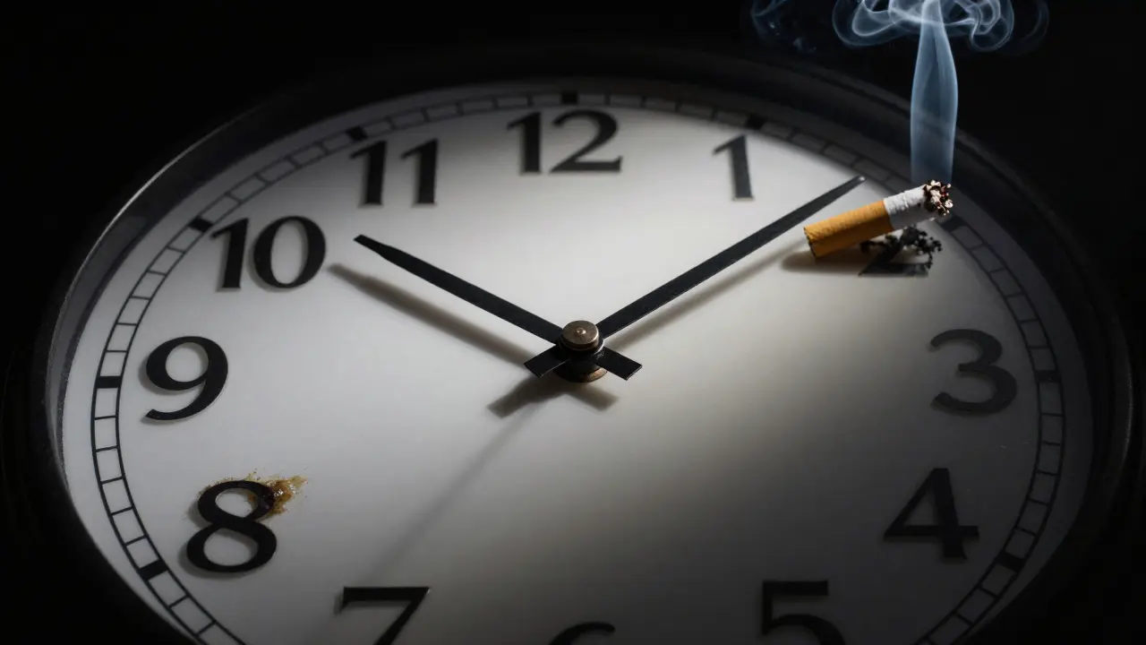 Hodiny ukazují postupné zhoršení zubů u kouřiče: od zdravého zubu k ztrátě zubu s cigaretou uprostřed.