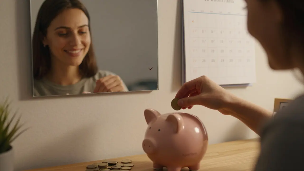 Osoba ukládá peníze do pokladničky na zubní fazety, zrcadlo odhaluje její zlepšený úsměv.