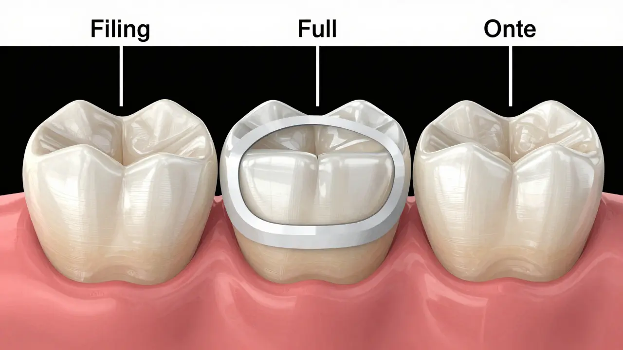 Porovnání tří druhů výplní: plomba, korunka a keramická onlay na zubu.