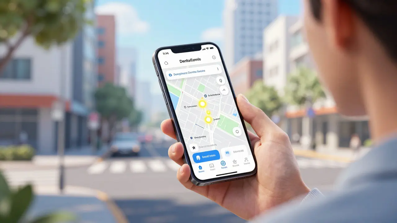 Použití mobilní aplikace pro hledání zubních ordinací v Praze.