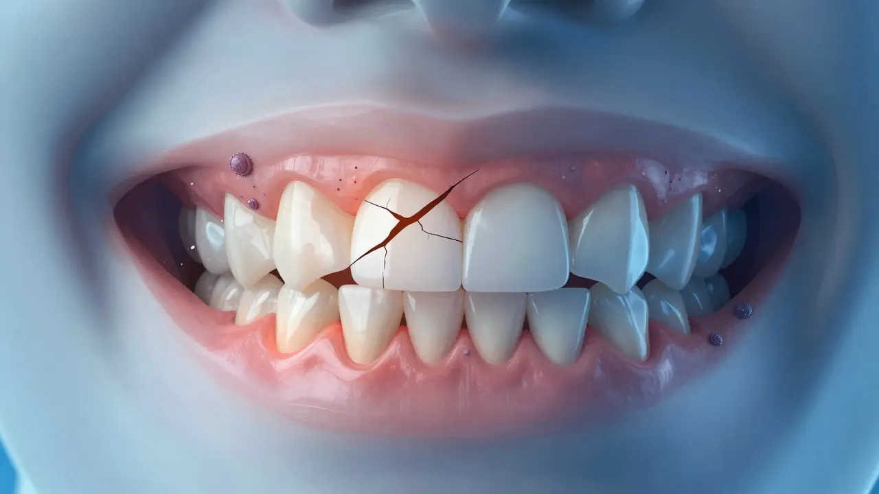 Přední zuby s trhlínou, kamenem a zánětem dásní, znázorněné v anatomickém stylu.