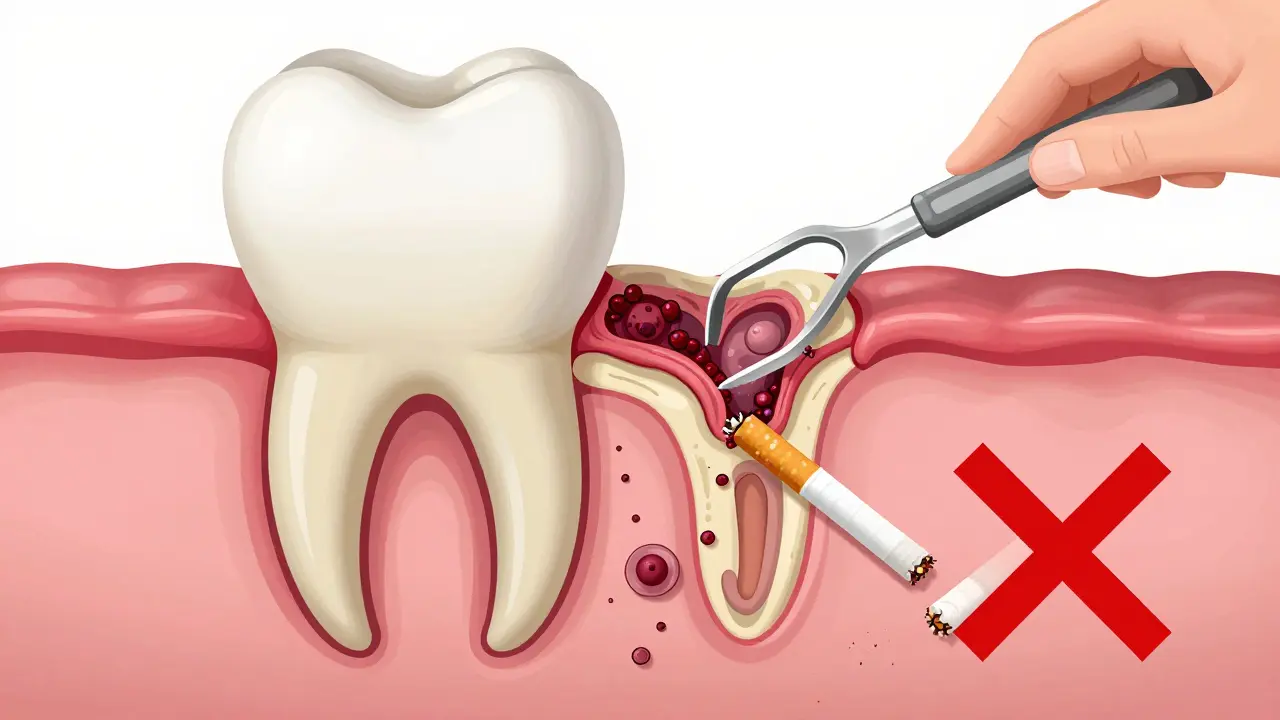 Průřez zubem s postupnou ztrátou kosti, bakteriemi a odstraňováním zubního kamene, s zakřížkovanou cigaretou.