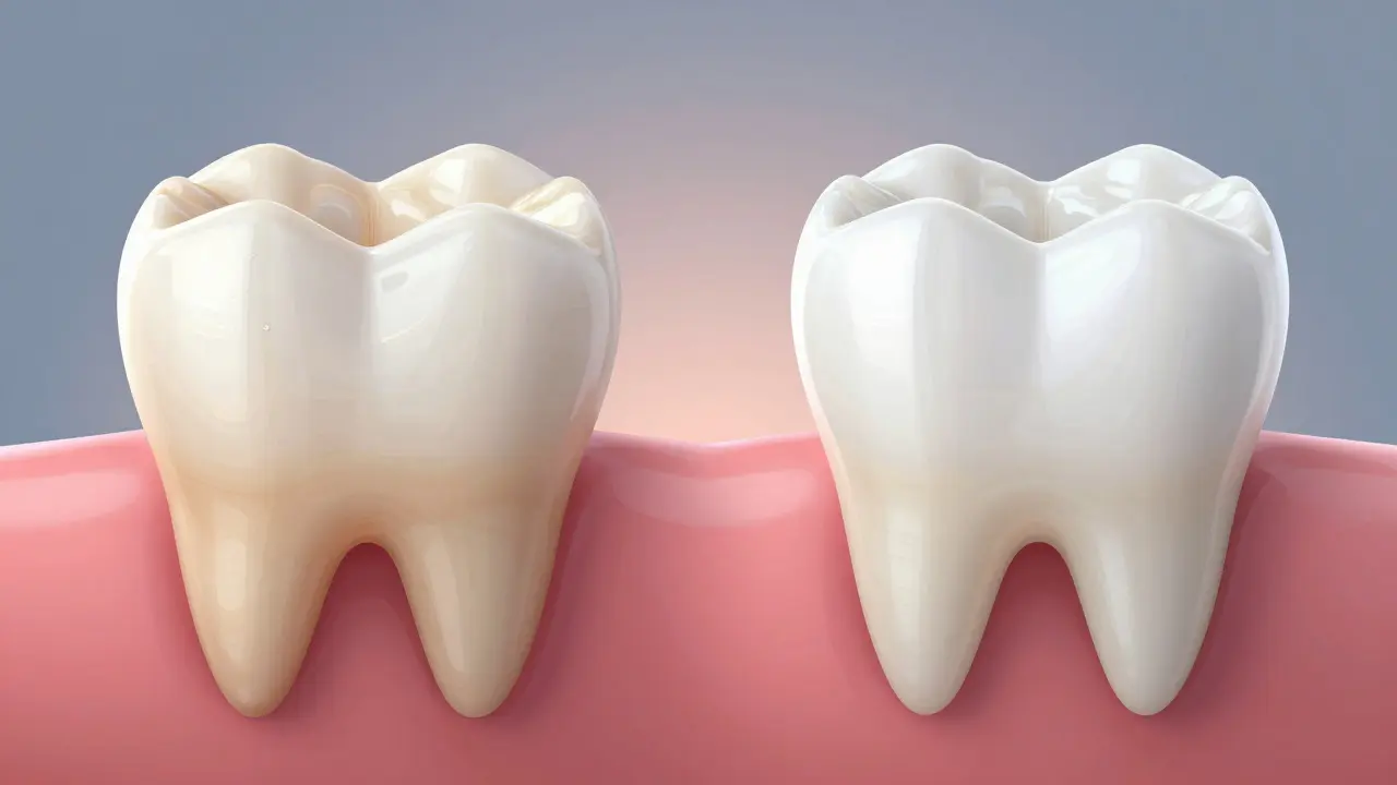 Side-by-side comparison of a stained tooth and a transformed tooth with a porcelain veneer.