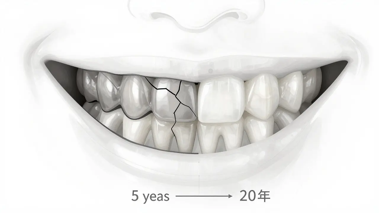Split smile showing a cheap crown with gray gumline versus a flawless porcelain crown for long-term durability.