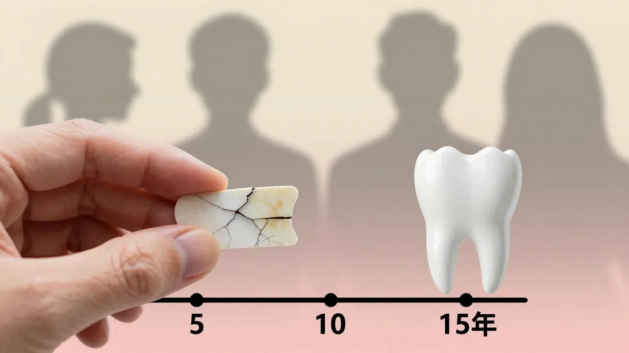 Stará poškozená inlay vedle nové, s těním korunky jako důsledkem zanedbání.