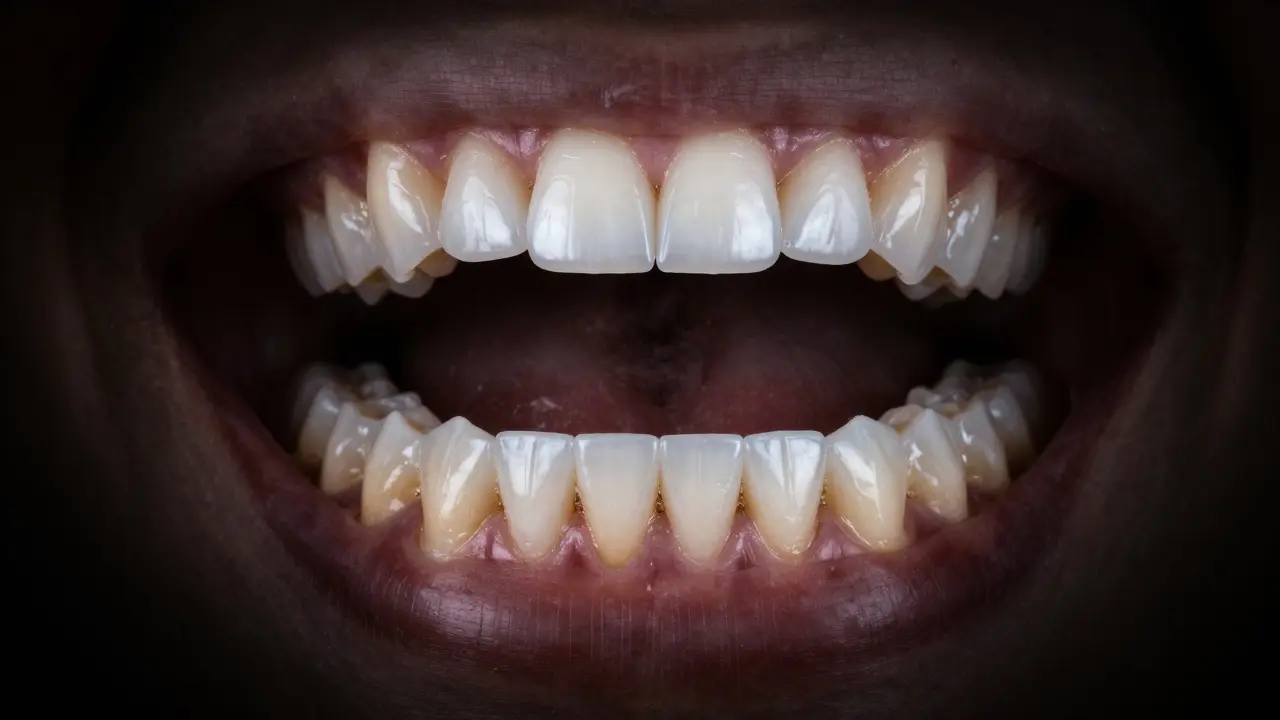 Tři vrstvy předního zubu: původní, při aplikaci a dokončený výsledek s přirozeným leskem.