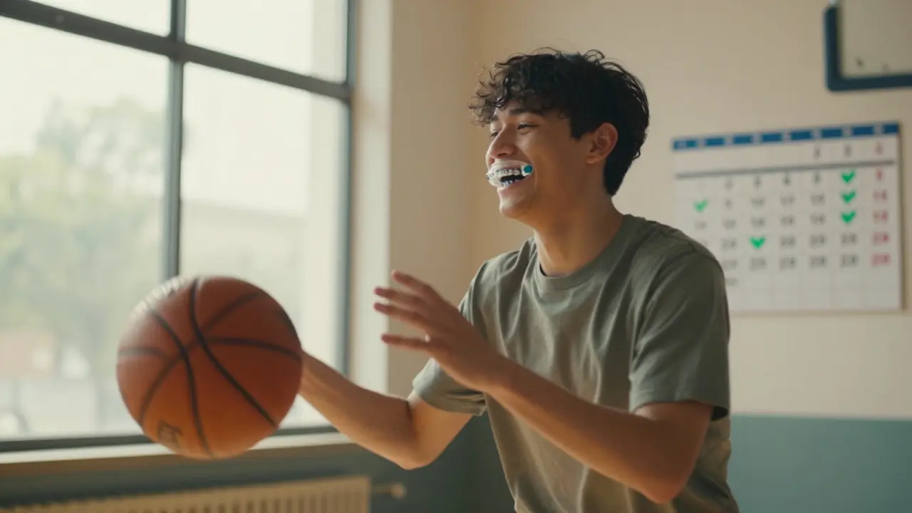 Young adult playing basketball with ceramic braces and mouthguard.