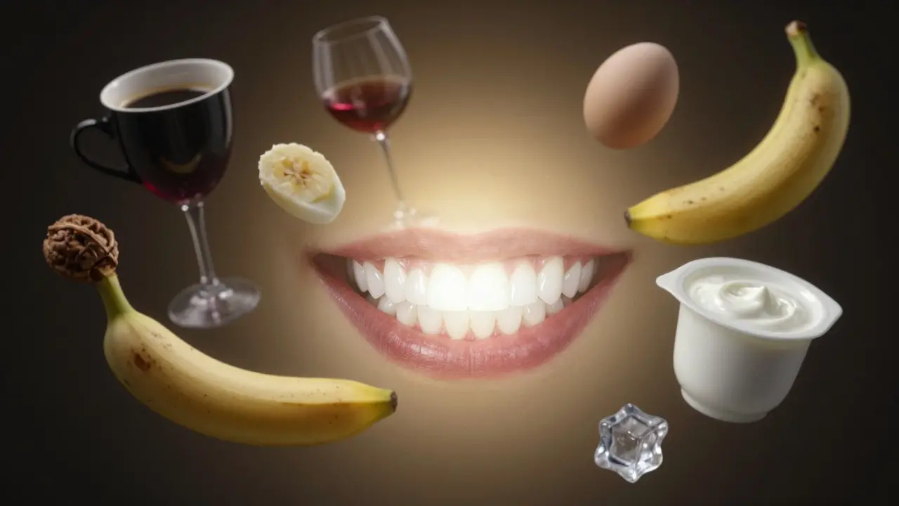 Zářivý úsměv s fazetami, kolem něj stínované zakázané potraviny, bezpečné potraviny se k němu přibližují.