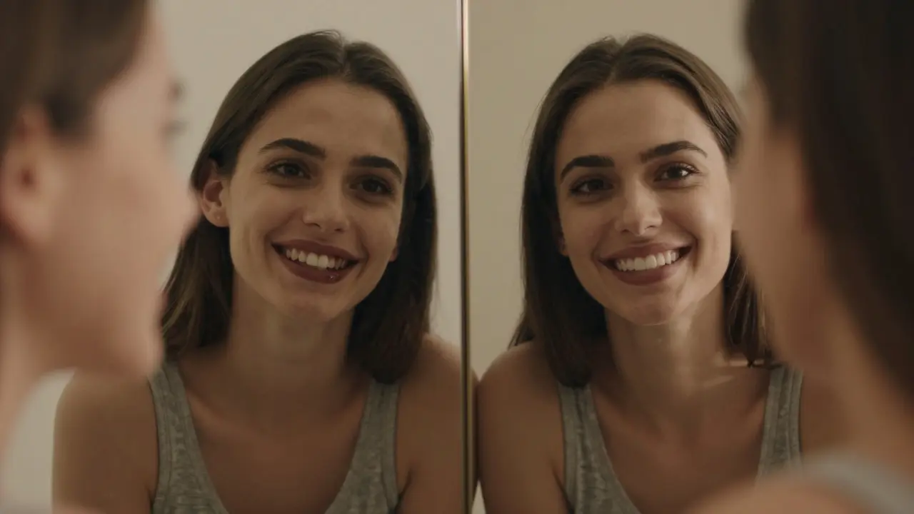 Zrcadlo ukazuje dvě verze člověka: s nekrásným a s krásným úsměvem.