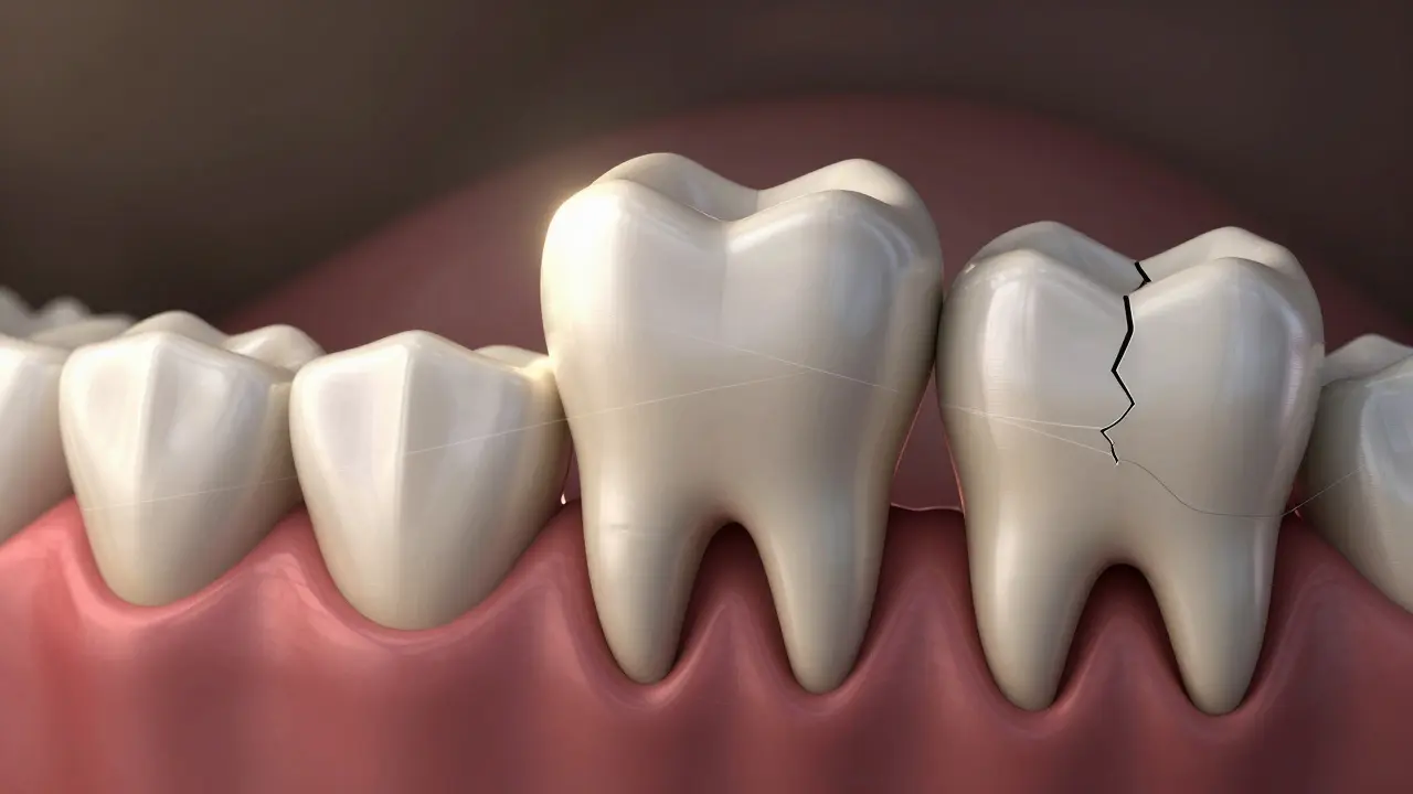 Zub moudrosti rostoucí šikmo pod dásní, s příznaky zatížení a poškození sousedního zubu.