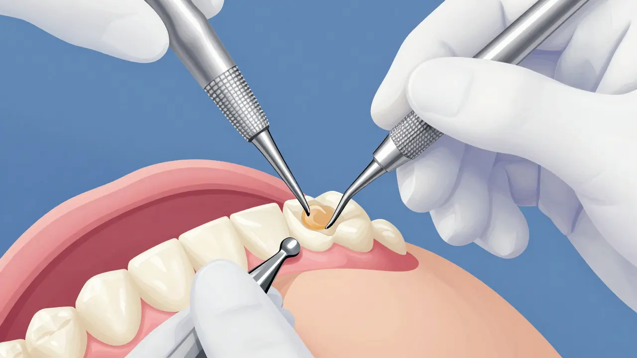 Zubní lékař aplikuje kompozitní výplň na mezru mezi zuby.