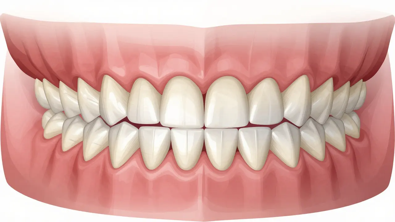 Zubní oblouk s 32 trvalými zuby v přesném uspořádání, znázorňující jejich vzájemnou souvislost.