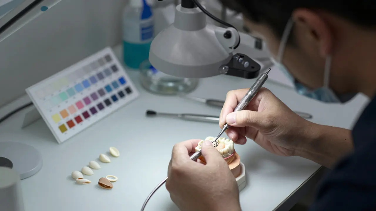 Zubní technik v laboratoři přesně tvaruje keramické fazety pro pacienta.