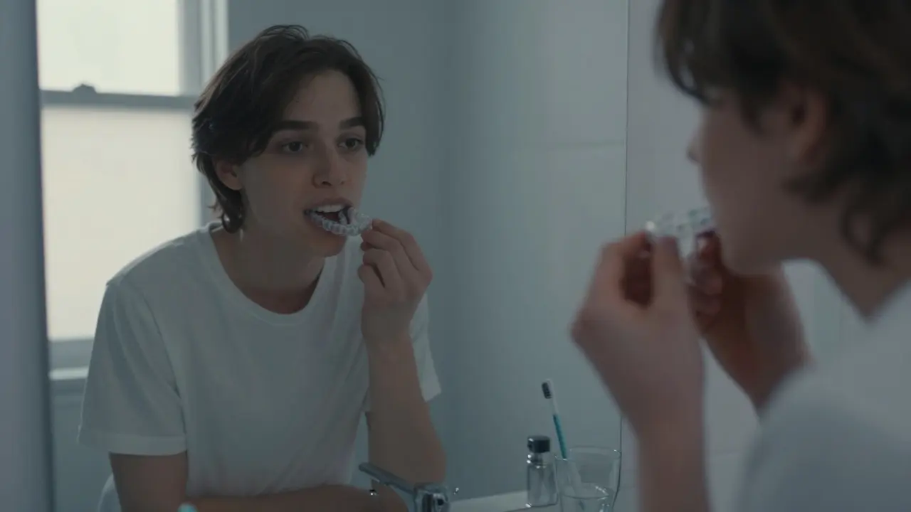 Člověk vyndává snímací rovnátka před zrcadlem, zrcadlo odrazí jeho dřívější podobu s rovnátky.