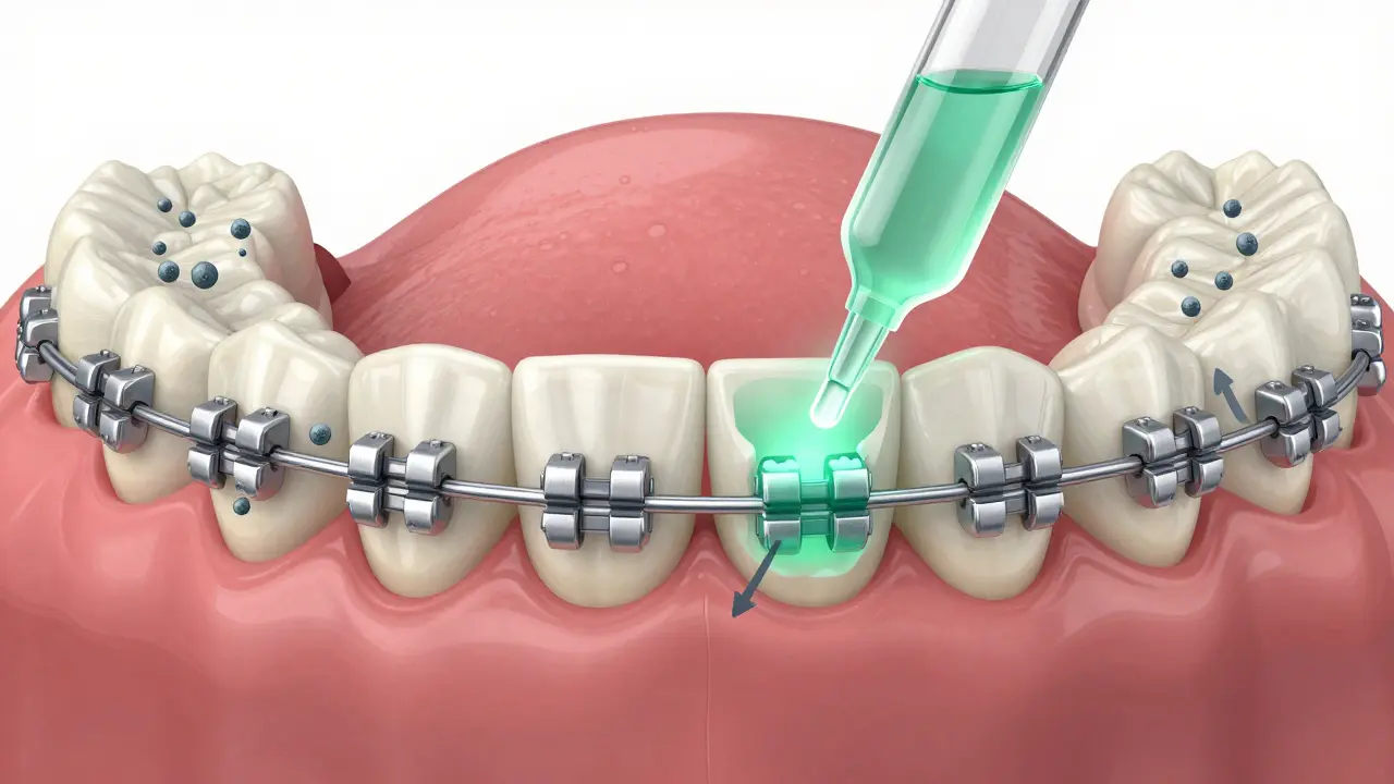 Dental model s kovovými rovnátky a bakteriemi, které ničí sklovinku, zatímco se aplikuje remineralizační látka.