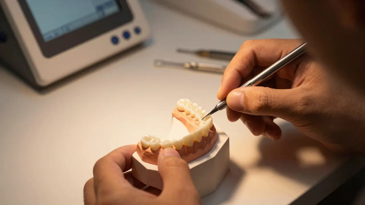 Dental technician placing a ceramic veneer on a dental model in a laboratory setting.
