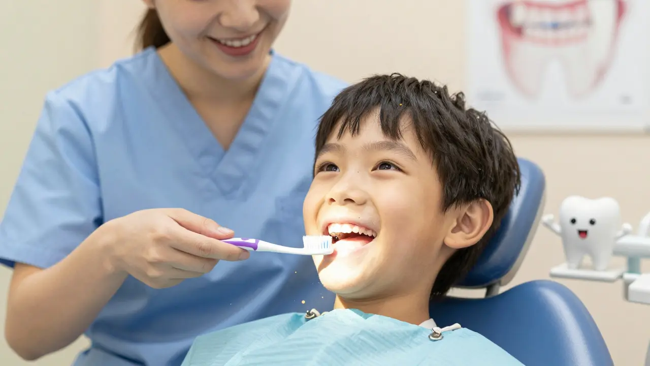 Dítě se šťastně usmívá po broušení zubů, symbolizující prevenci a čistotu ústní dutiny.