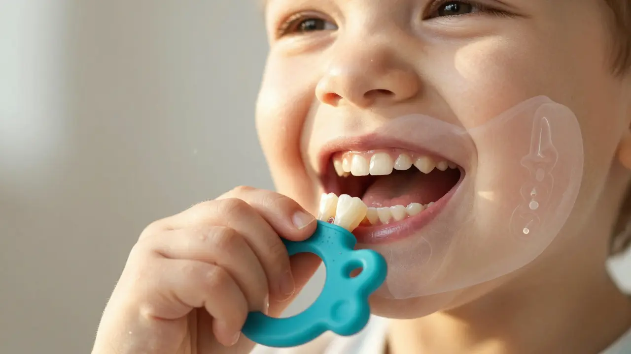 Dítě se všemi 20 dočasnými zuby a prvním trvalým zubem za posledním molárem.