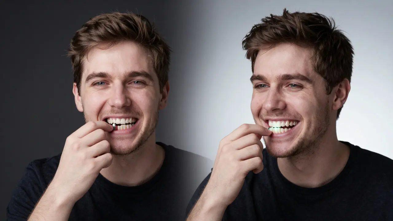 Dvojí obraz muže: před a po rekonstrukci chrupu, symbolizující obnovu kvality života.