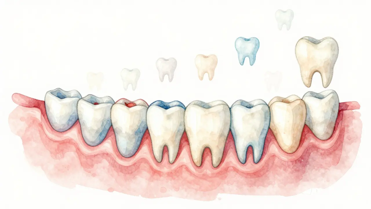 Ilustrace postupného vývoje zubů u dítěte od prvních řezáků až po moláry.