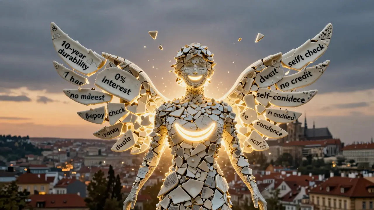 Keramické fazety jako zářící křídla kolem úsměvu, symbolizující přeměnu a sebevědomí.