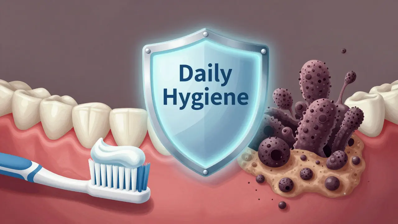 Konceptuální obrázek boje mezi zdravými zuby a zubním kamenem s ochranným štítem denní hygieny.