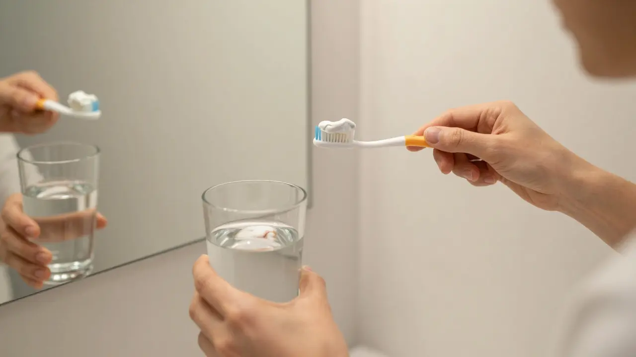 Osoba čistí zuby pastou s baking sodou a drží xylitolovou žvýkačku v koupelně.