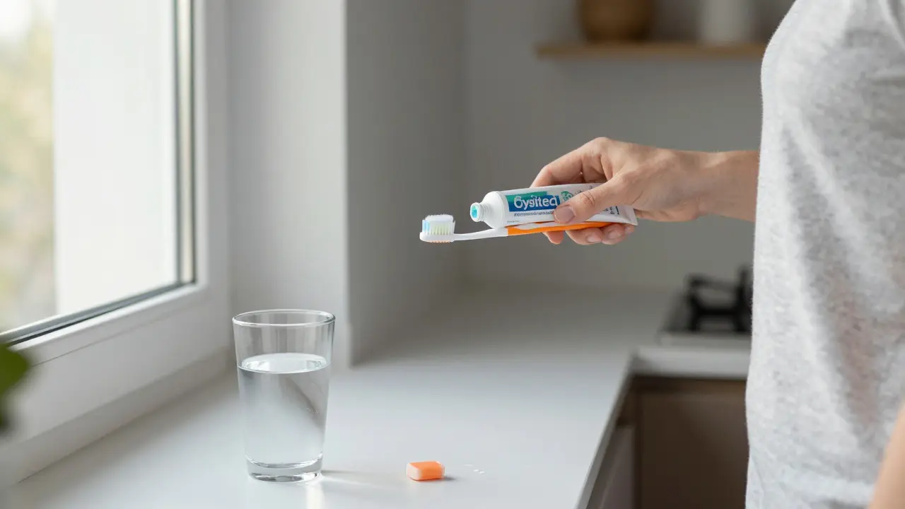 Osoba si brousí zuby večer a nepláchnou ústa, na pozadí voda a žvýkačka s xylitolom.
