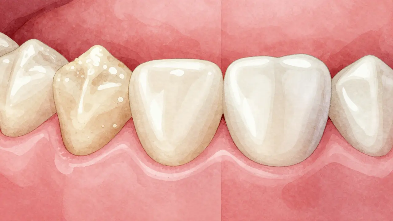 Porovnání hrubého zubního kamene a hladkého, vyčištěného povrchu zubu.