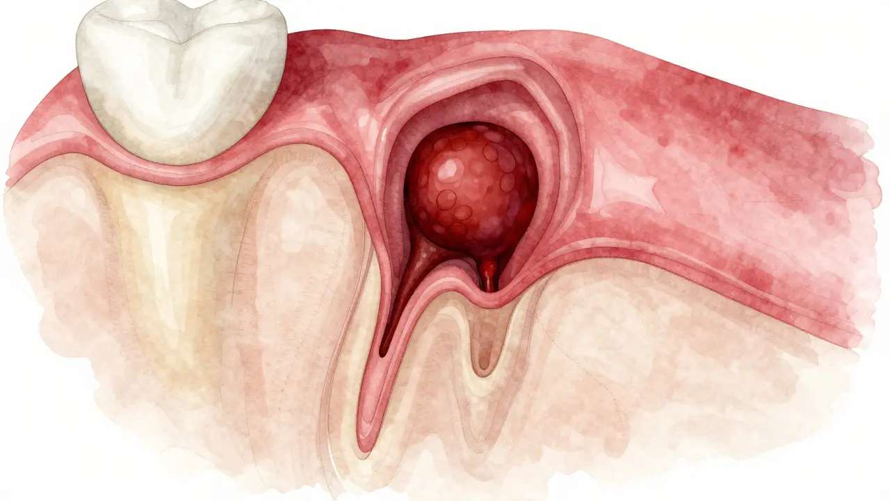 Příčný řez jamky po vytržení zubu s krevní sraženinou a regenerující tkání, bez lidských prvků.