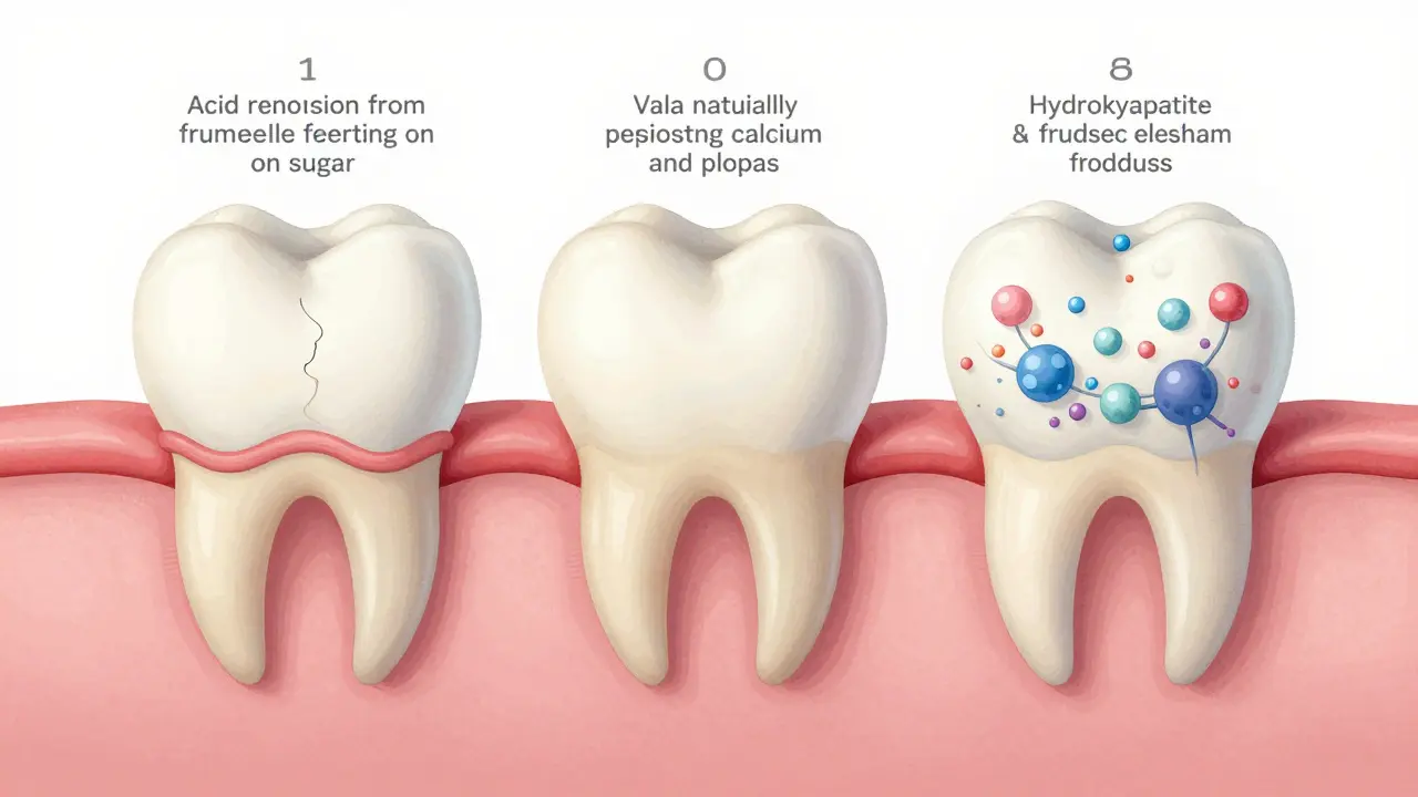 Průřez zubem ukazující proces remineralizace sklovinky minerály a fluoridem.