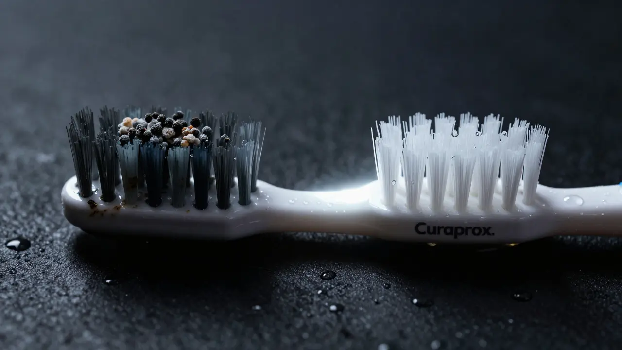 Rozdělený obraz čistého a plísňově znečištěného sonického kartáčku.