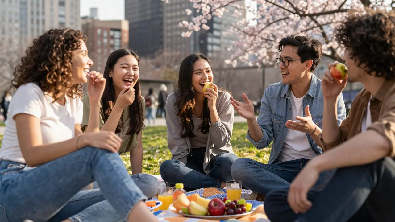 Skupina lidí na pikniku, jeden z nich drží snímací rovnátka, ostatní se smějí a mluví přirozeně.
