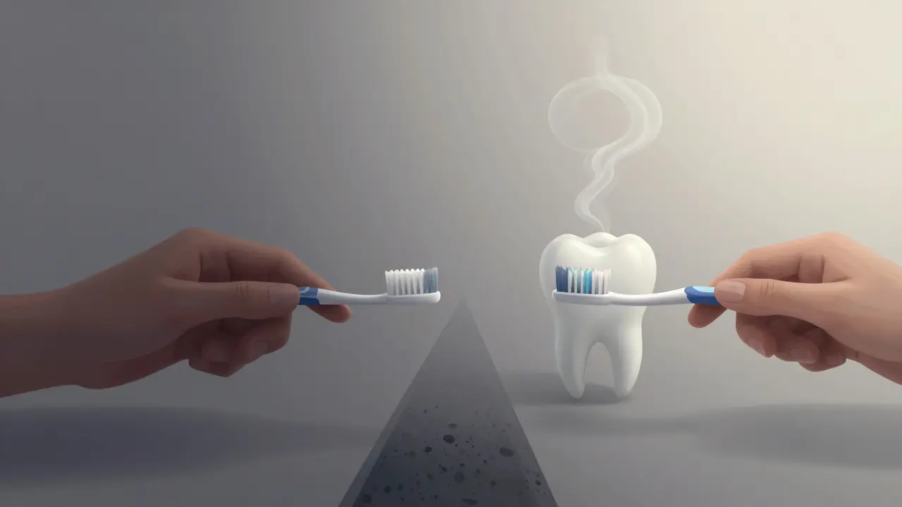 Symbolický obraz před a po hygieně: zubní plak se mění v čistý, zdravý zub.