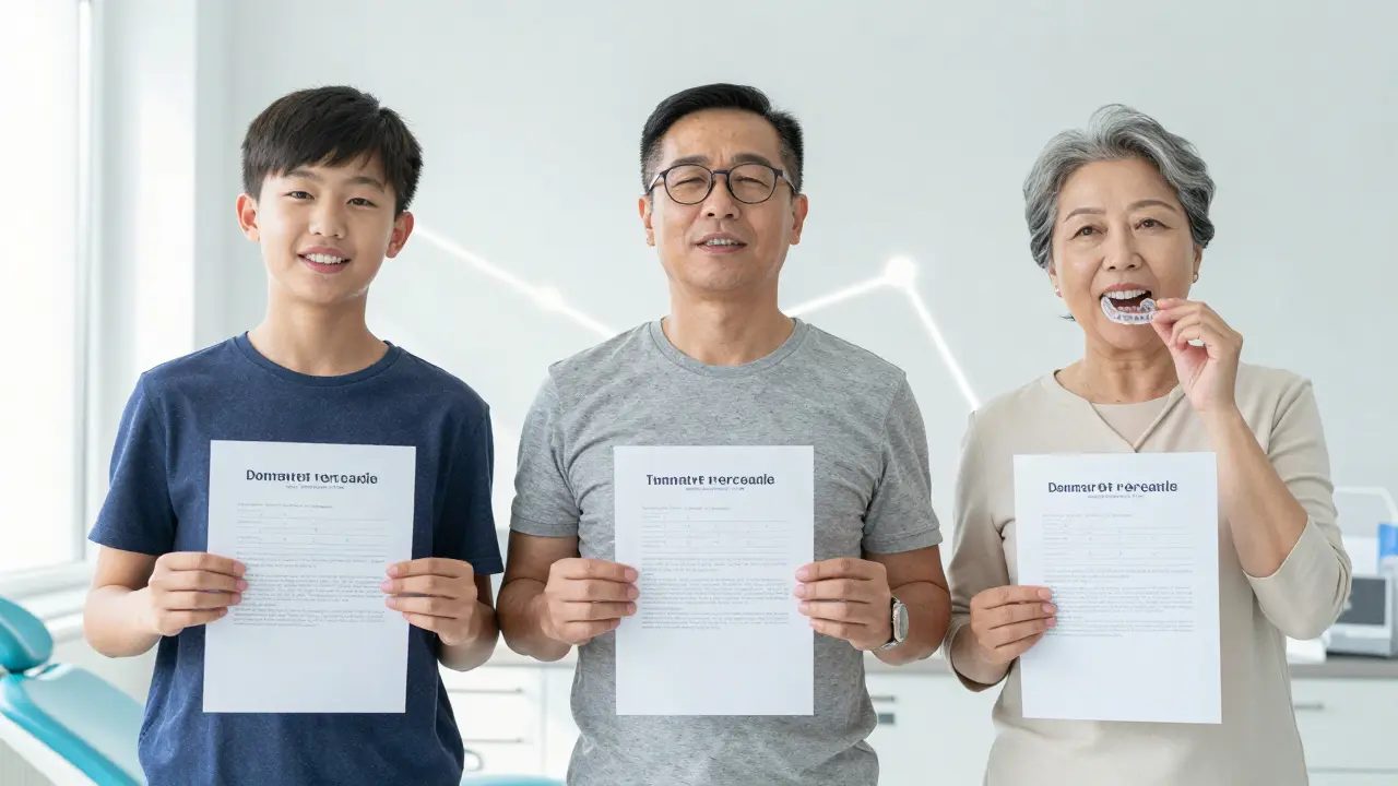 Tři dospělí různých věků s průhlednými rovnátky v klinice, symbolizující širokou věkovou aplikaci ortodontické léčby.