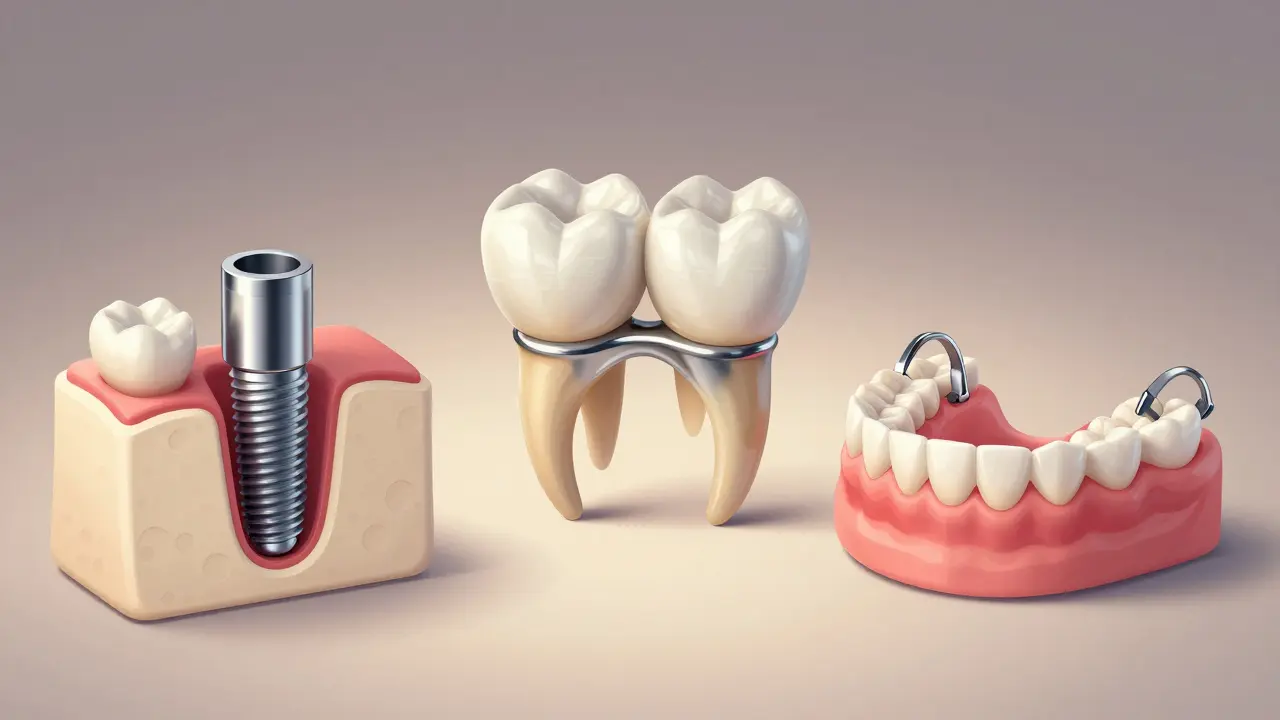 Tři možnosti náhrady chybějícího zubu zobrazené vedle sebe