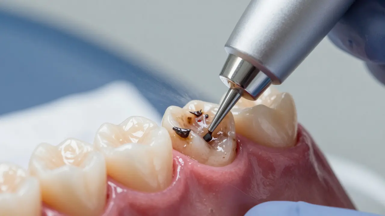 Ultrazvukový přístroj odstraňuje zubní kámen z podkladu zubu při hygienické prohlídce.