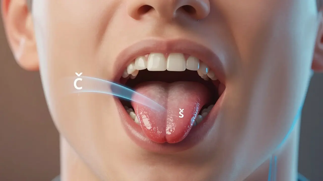 Vnitřní pohled na ústa během výslovnosti 'č' a 'š', jazyk blokován předkusem, vzduch uniká mezi zuby.