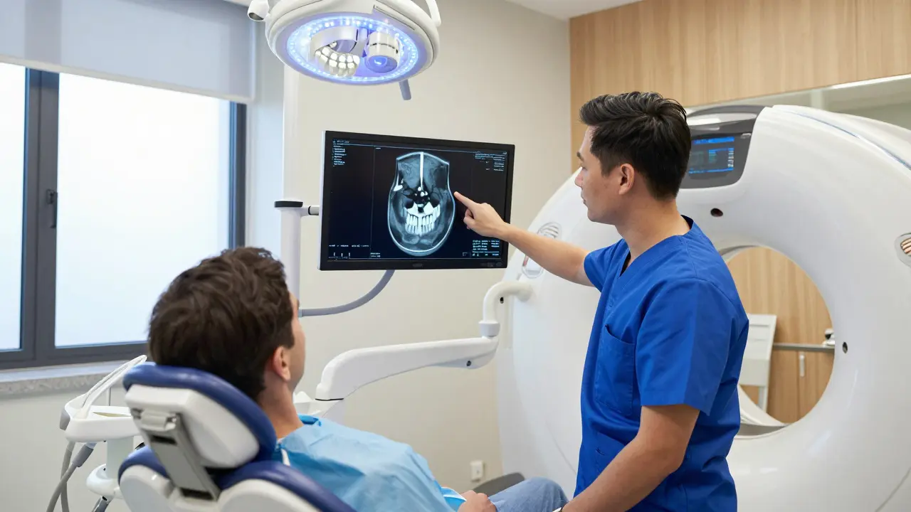 Zubař zkoumá 3D rentgenový snímek čelisti