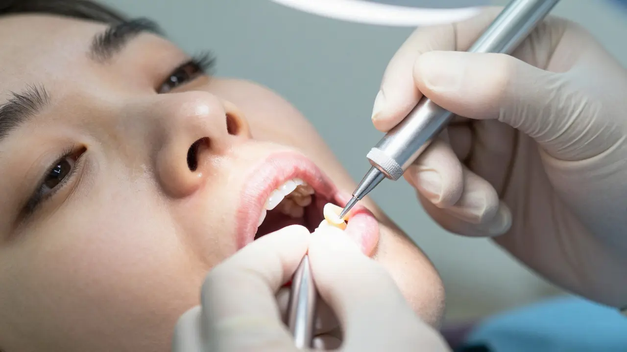 Zubní lékař aplikuje mikroinfiltrační pryskyřici na zub bez vrtání, zastavující kazu.