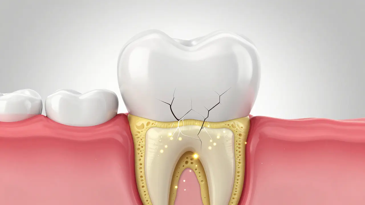 3D ilustrace průřezu zubu s mikrotrhlinami v zubní sklovině.