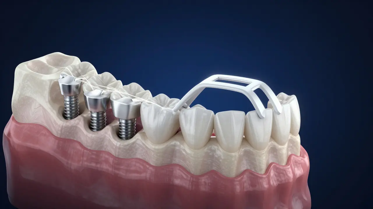 3D schéma ukázující titanové implantáty v čelisti s připevněnou náhradou.