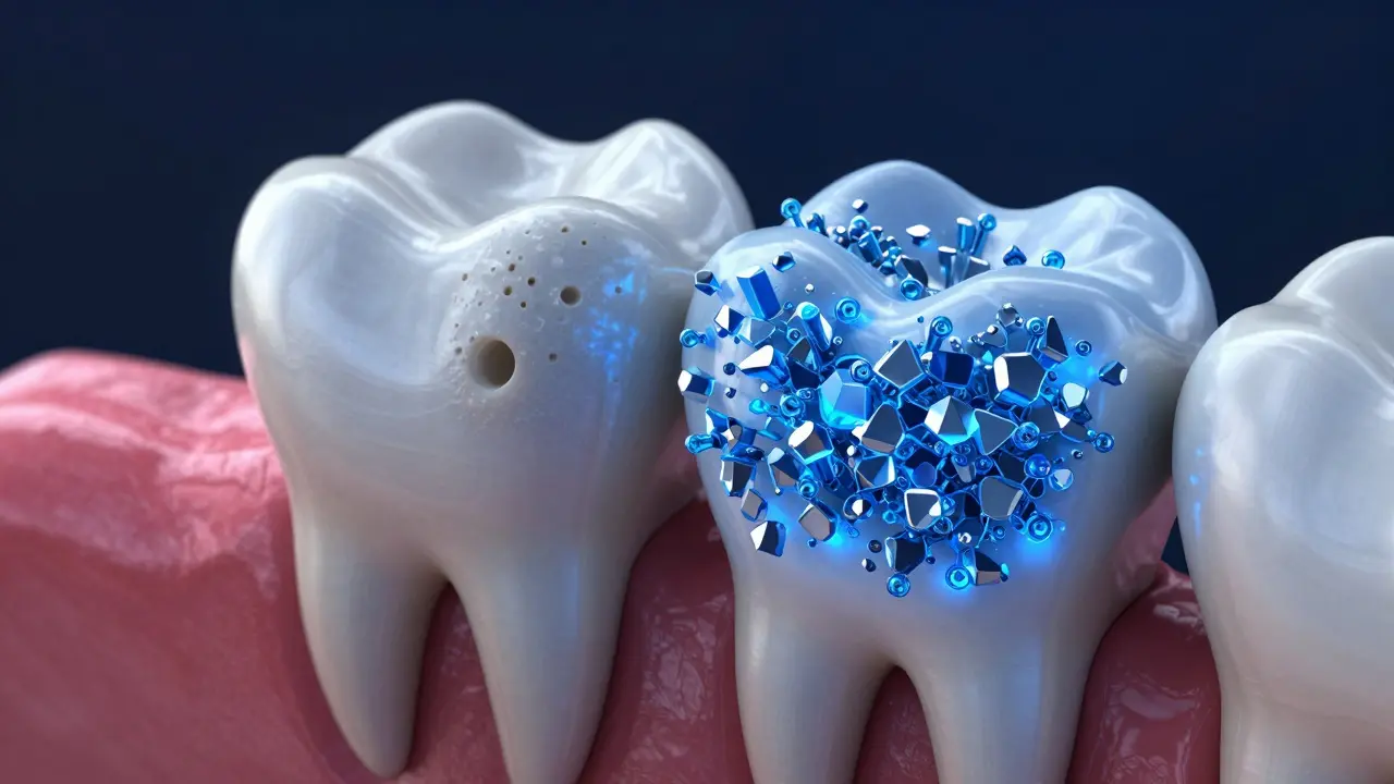 3D vizualizace posilování zubní skloviny pomocí fluoridů.