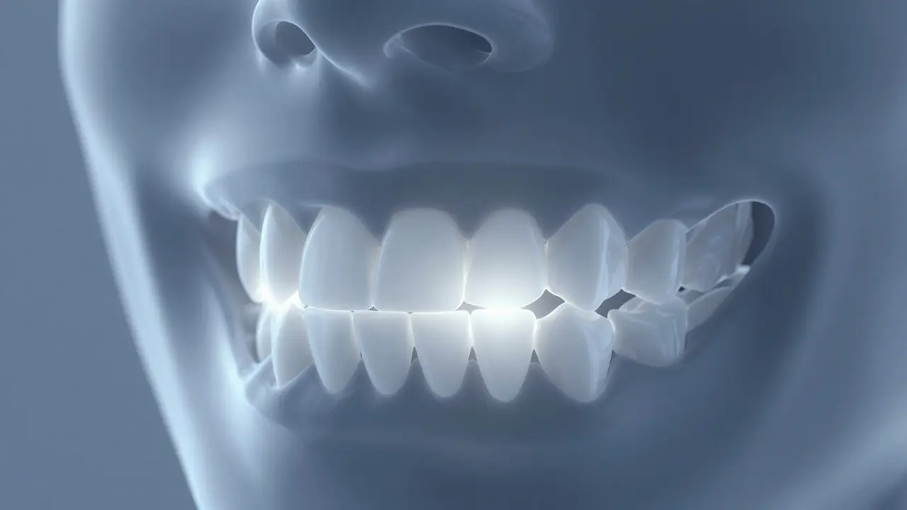 Anatomická 3D ilustrace lidské čelisti s vyznačenými řezáky.