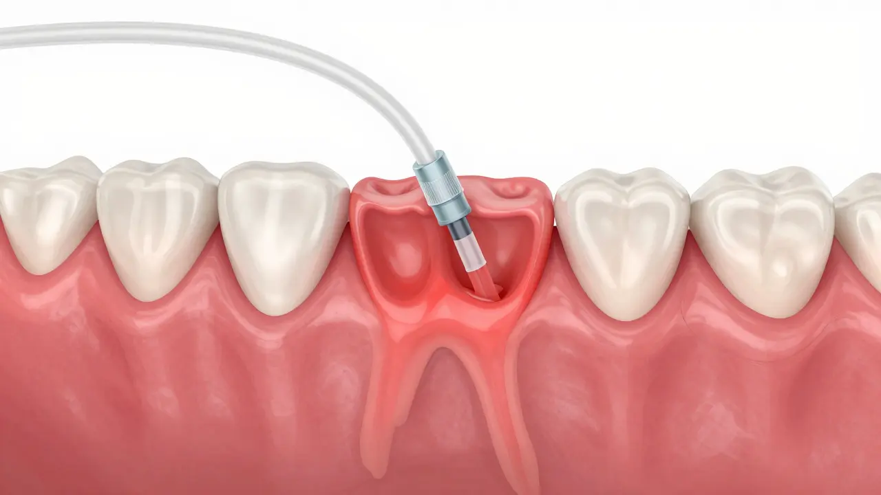 Anatomická ilustrace zubního drénu odvádějící tekutinu z zánětu v dásni.
