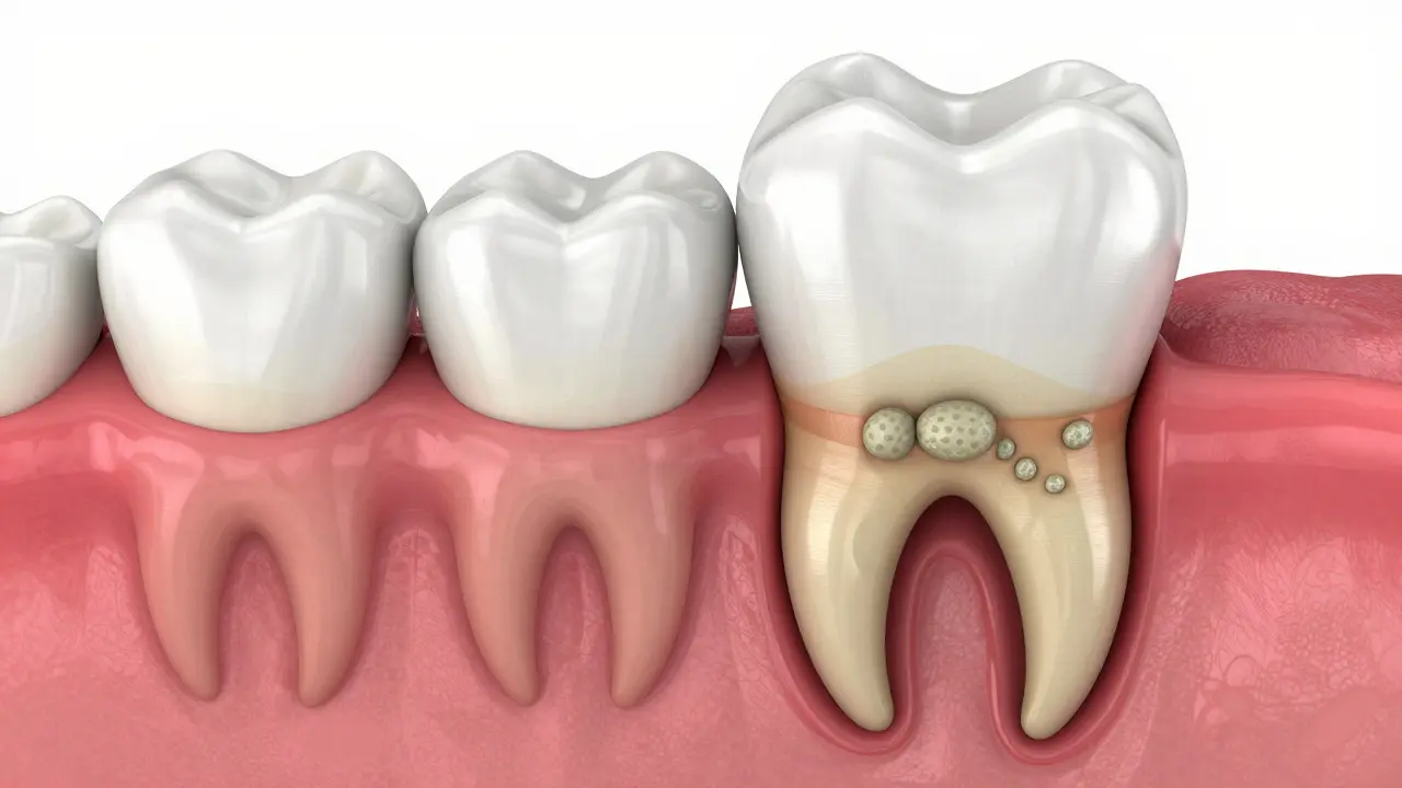 Anatomický model zánětu dásní od gingivity po parodontitidu.