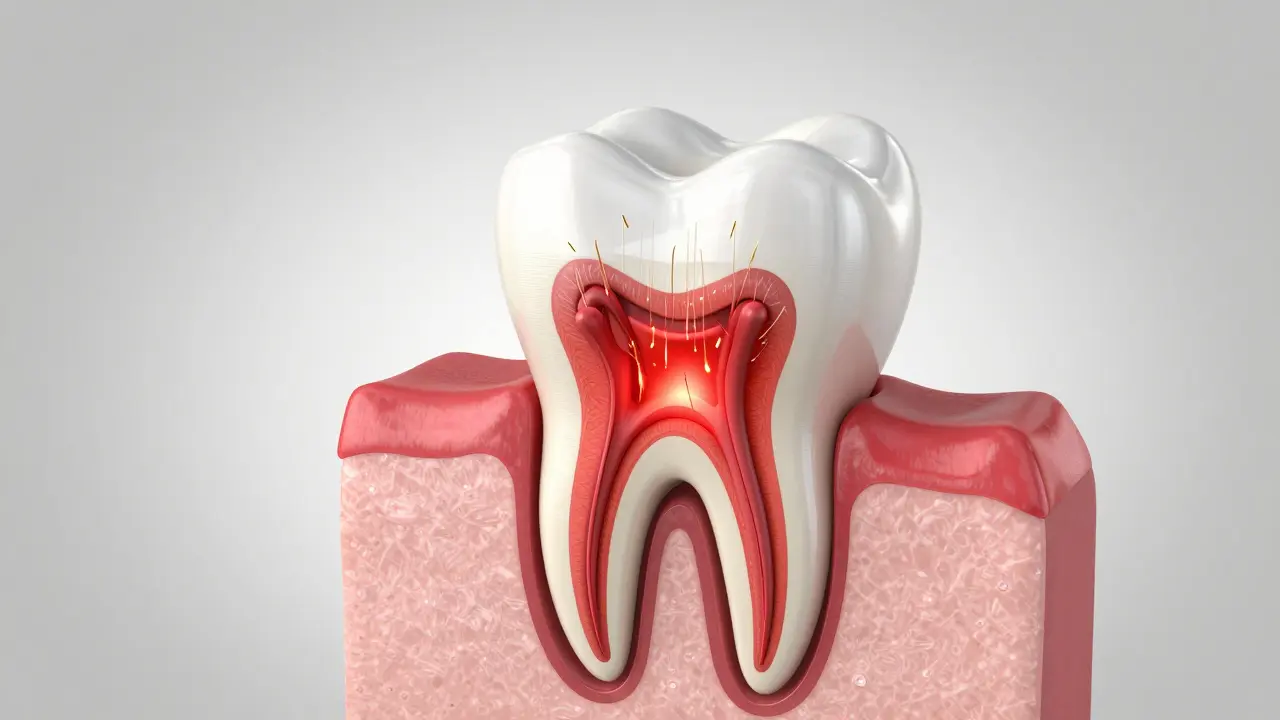 Anatomický řez zuba znázornující zánět zubní pulpy.
