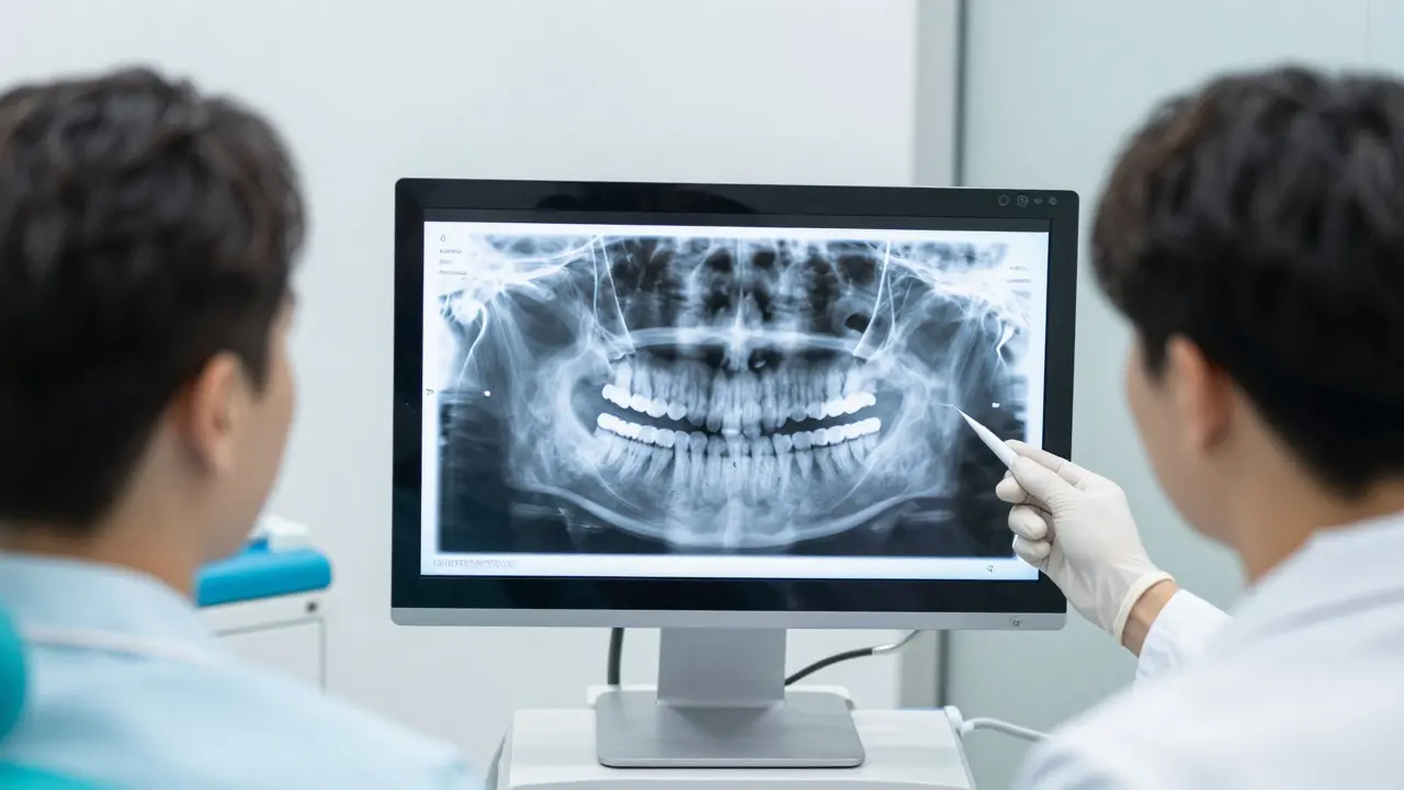 Dentista ukazuje pacientovi panoramatický rentgen čelistí na monitoru.