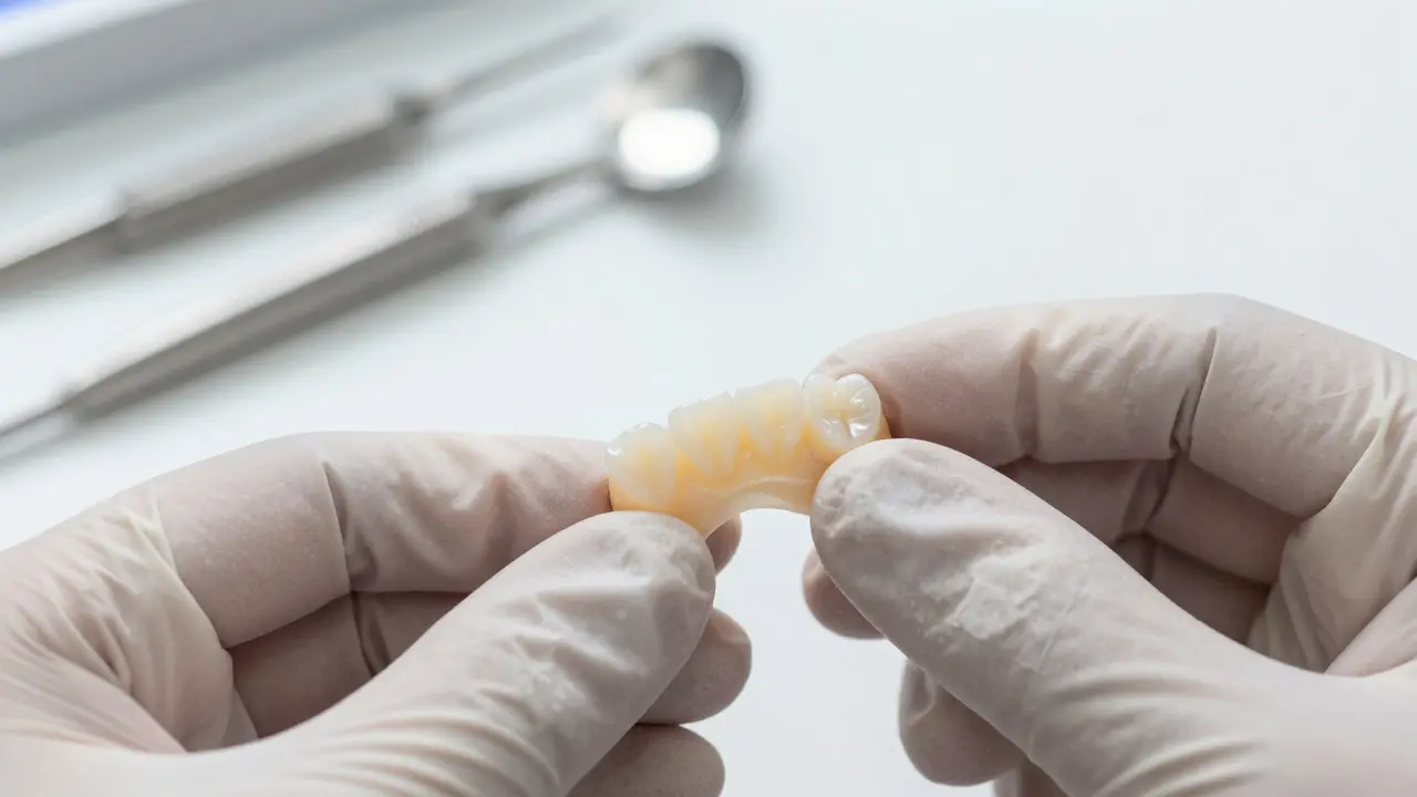 Detail kompozitní inlay vyrobené v zubní laboratoři