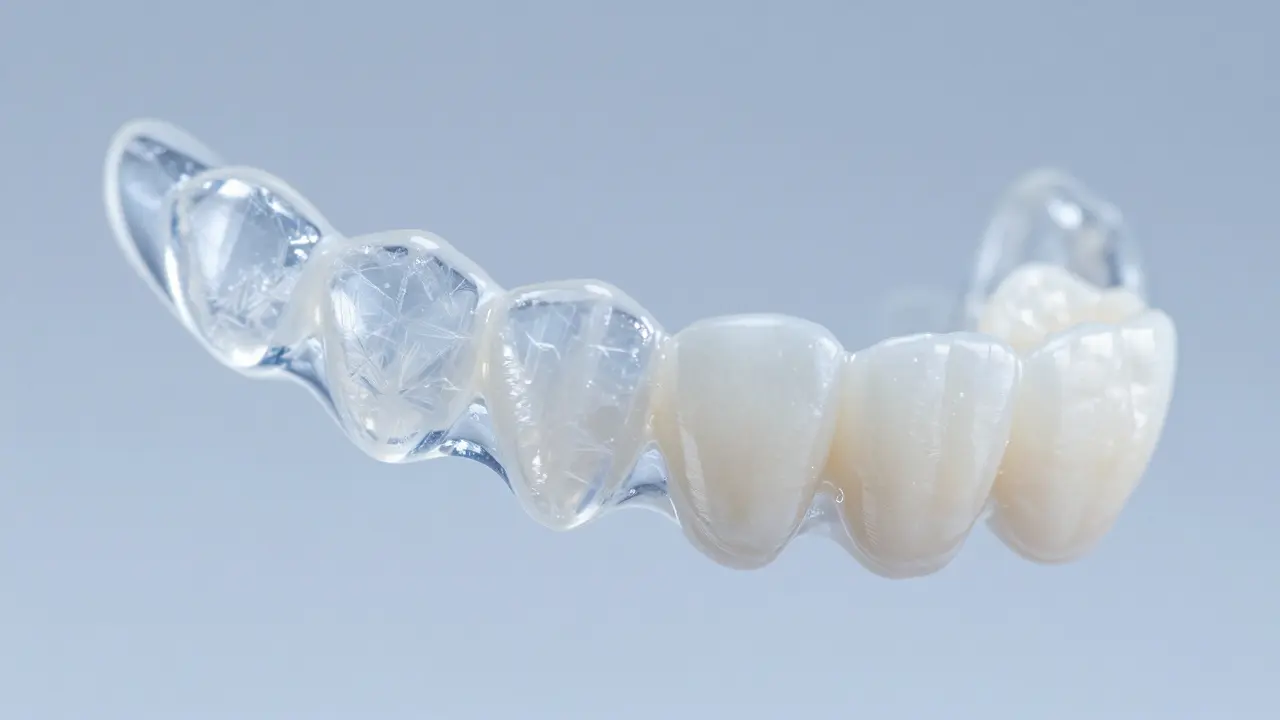 Detail průsvitné porcelánové fazety před aplikací na zub.